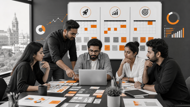 Indian marketing team planning a 90-day digital growth roadmap for a Pune business
