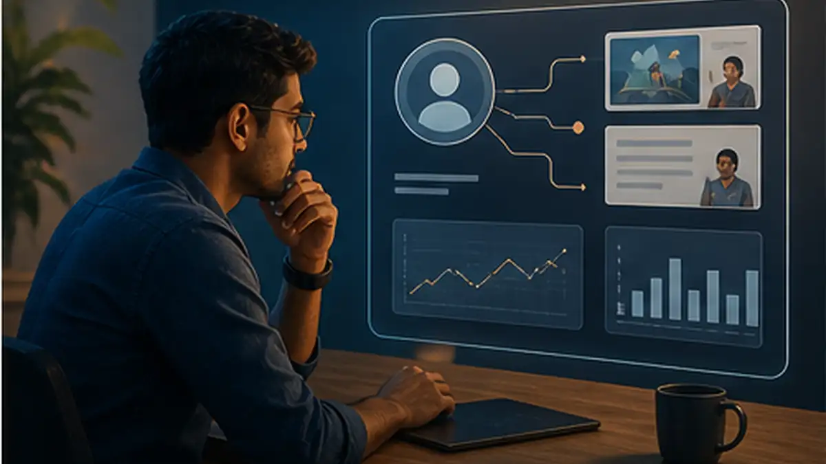 Marketing analyst reviewing personalisation, AI workflows and campaign measurement