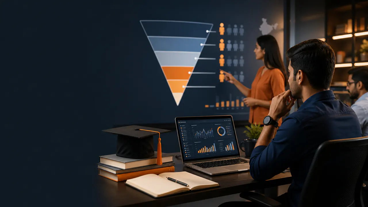 Education admissions growth strategy visual with analytics and student journey funnel