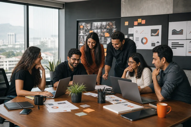 Indian digital marketing agency team collaborating in a modern Pune office