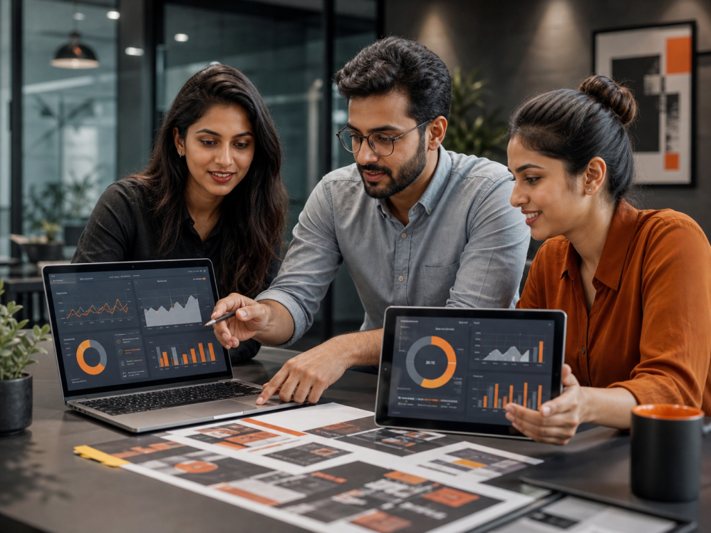 Indian digital marketing strategists reviewing campaign analytics in a Pune office