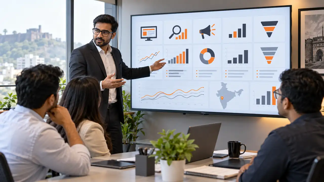 Pune business owners reviewing a digital marketing audit dashboard