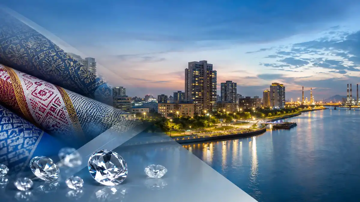 Surat riverfront, textiles and diamond industry represented in a digital cityscape