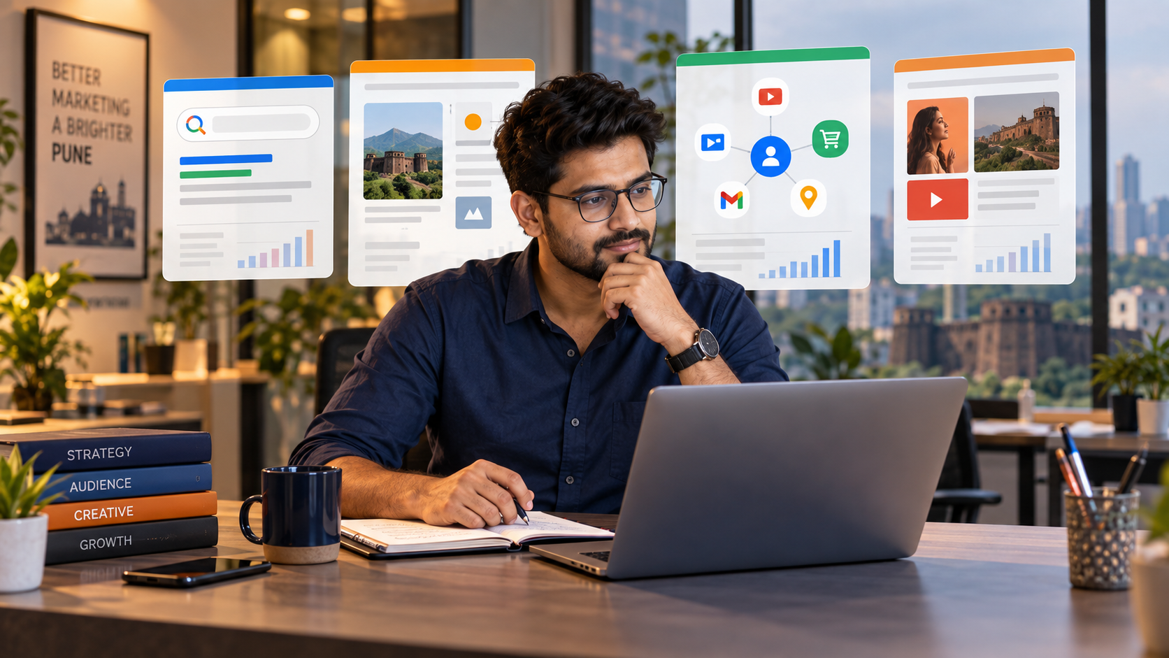 Google Ads campaign planning dashboard for Search, Display, Performance Max and Demand Gen