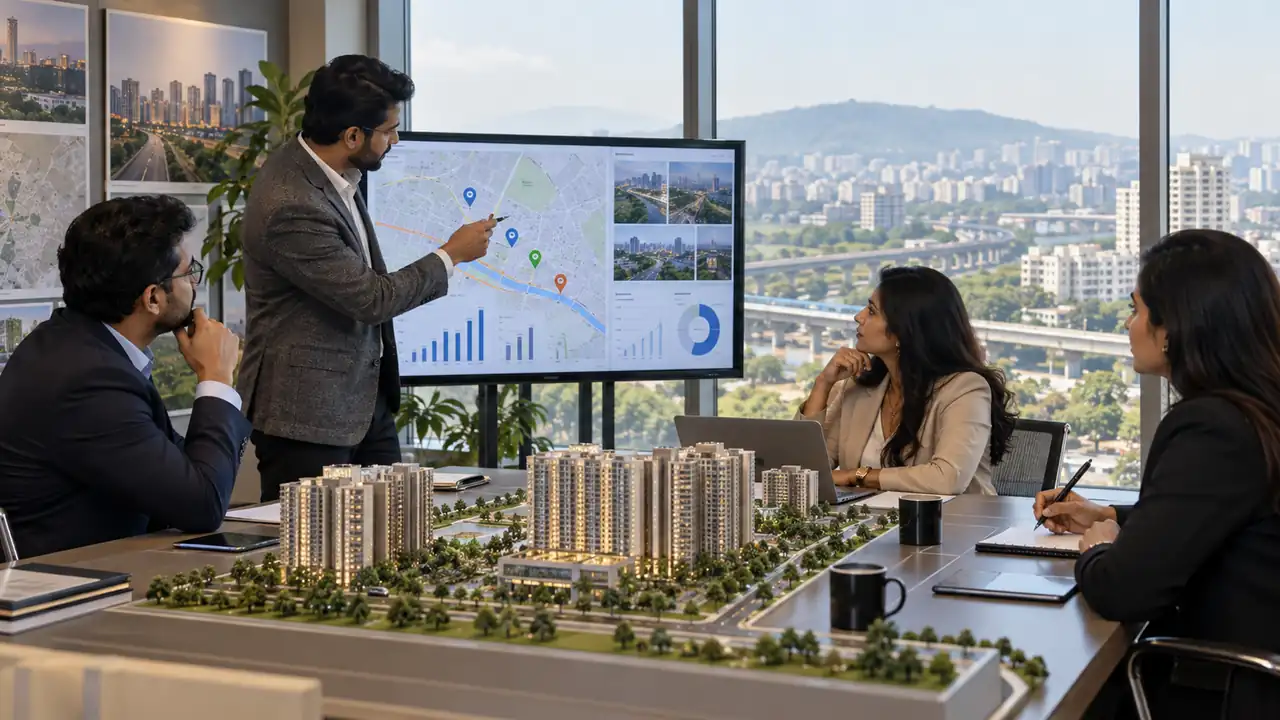 Pune real-estate team reviewing project marketing and lead quality