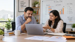 Pune small-business owner planning a digital marketing budget with a consultant