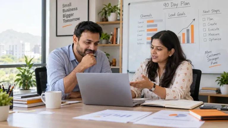 Pune small-business owner planning a digital marketing budget with a consultant