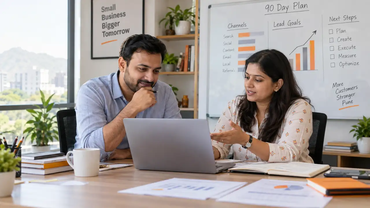 Pune small-business owner planning a digital marketing budget with a consultant